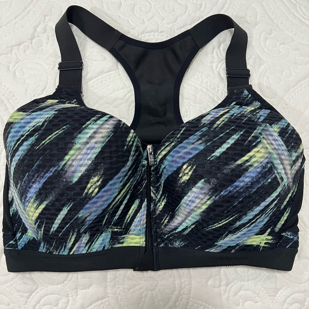 VICTORIA’S SECRET VSX Sport Front-Zip Racerback Bra SIZE 36DD Black EUC